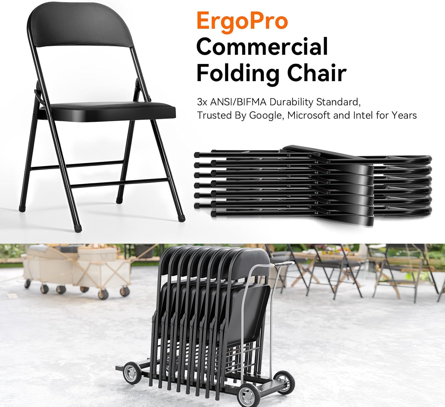 2 Pack Folding Chairs with Cushion Padded - Metal Chairs w/Comfortable Seats and Durable Steel Frame Foldable Chair for Indoor Outdoor Wedding, Party, Backyard & Office Events (Black, 2 Pack)