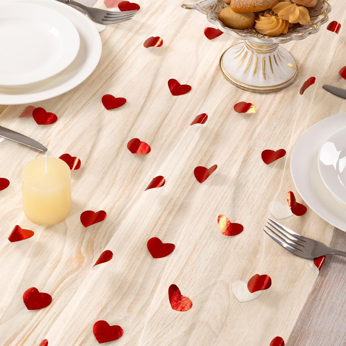 Valentine's Day Beige Gold Heart Sequin Table Runner Sheer Gauze Chiffon Cheesecloth 2 Piece Glitter Metallic Foil Table Runners 10FT for Weddings, Birthdays Party, Christmas & Every Glam Event