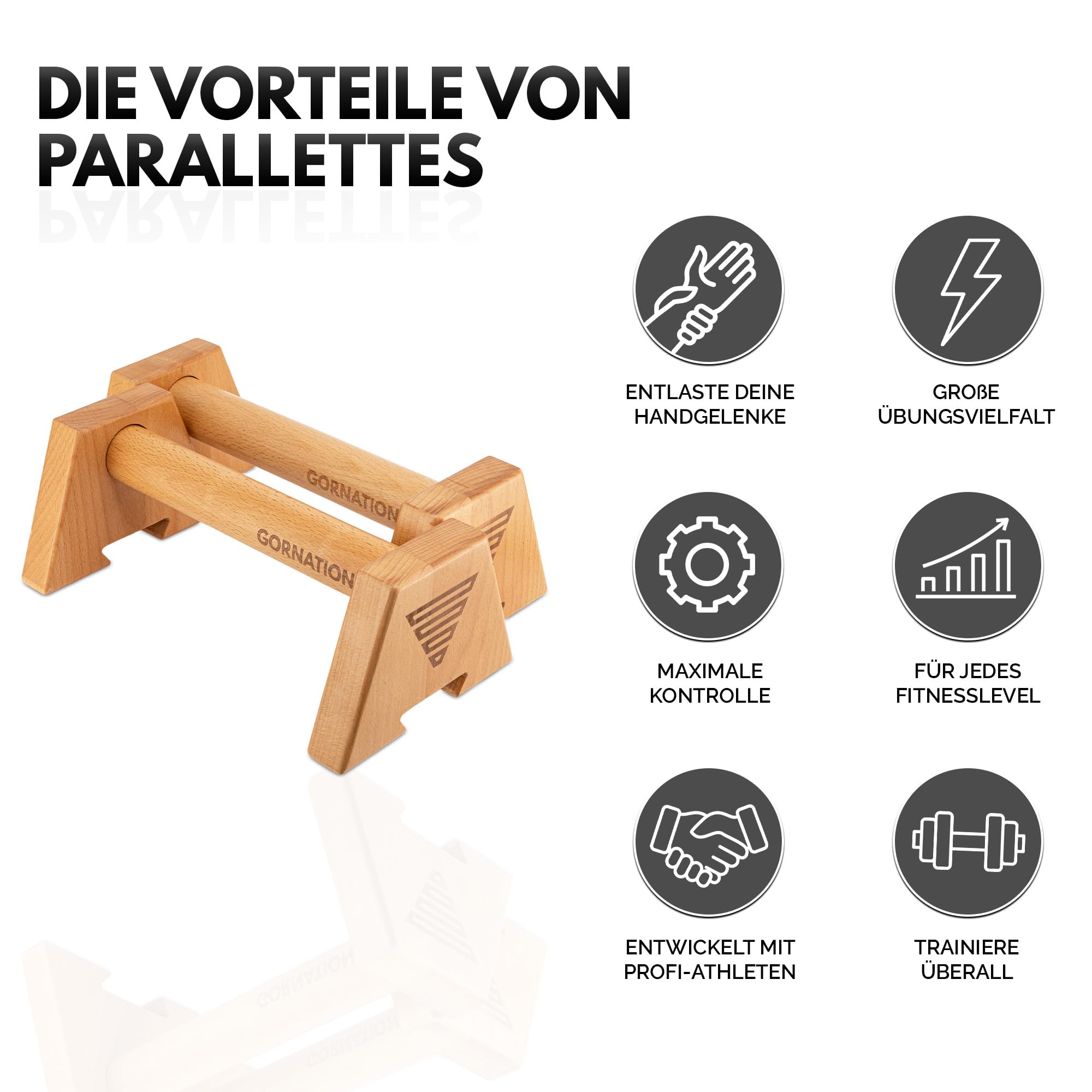 GORNATION Wooden Parallettes für Liegestütze, Liegestützgriffe aus Holz, Calisthenics & Fitness Training, Push Up Bars, Calisthenics Liegestützgriffe für Oberkörpertraining, Inkl. Grip Tape