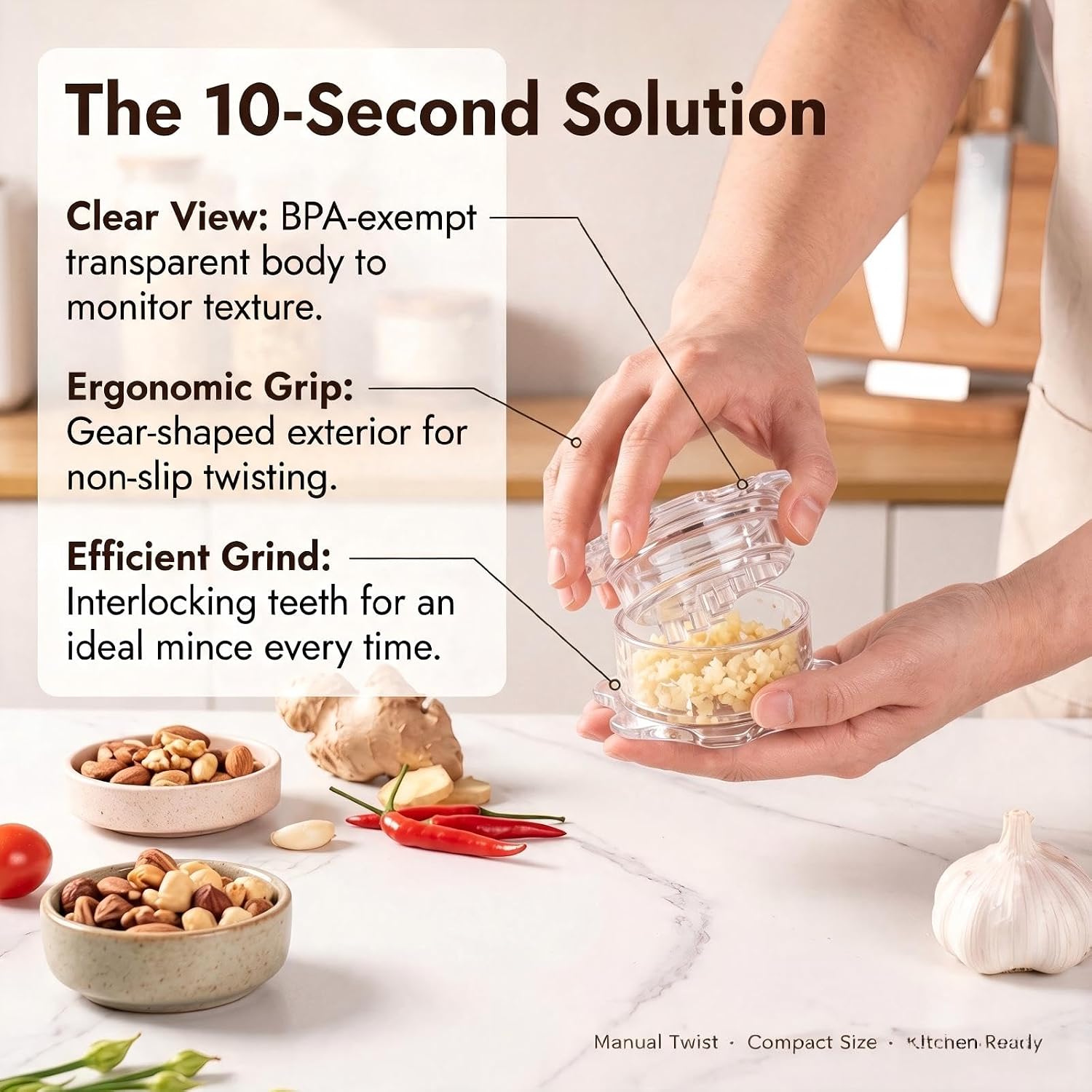Garlic Twister Mincer - Transparent Manual Crusher for Ginger Herbs Nuts