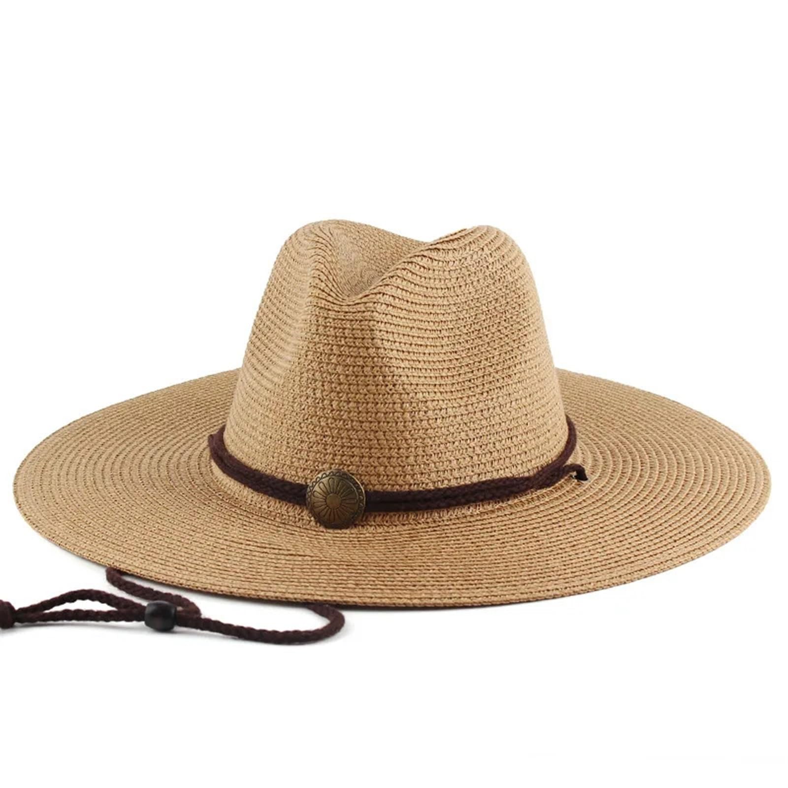 9.5cm Wide Brim Straw Sun Hat For Women Summer Beach Floppy Panama Hats Large Protection Hats Chapeu Panama Feminino(Light brown)