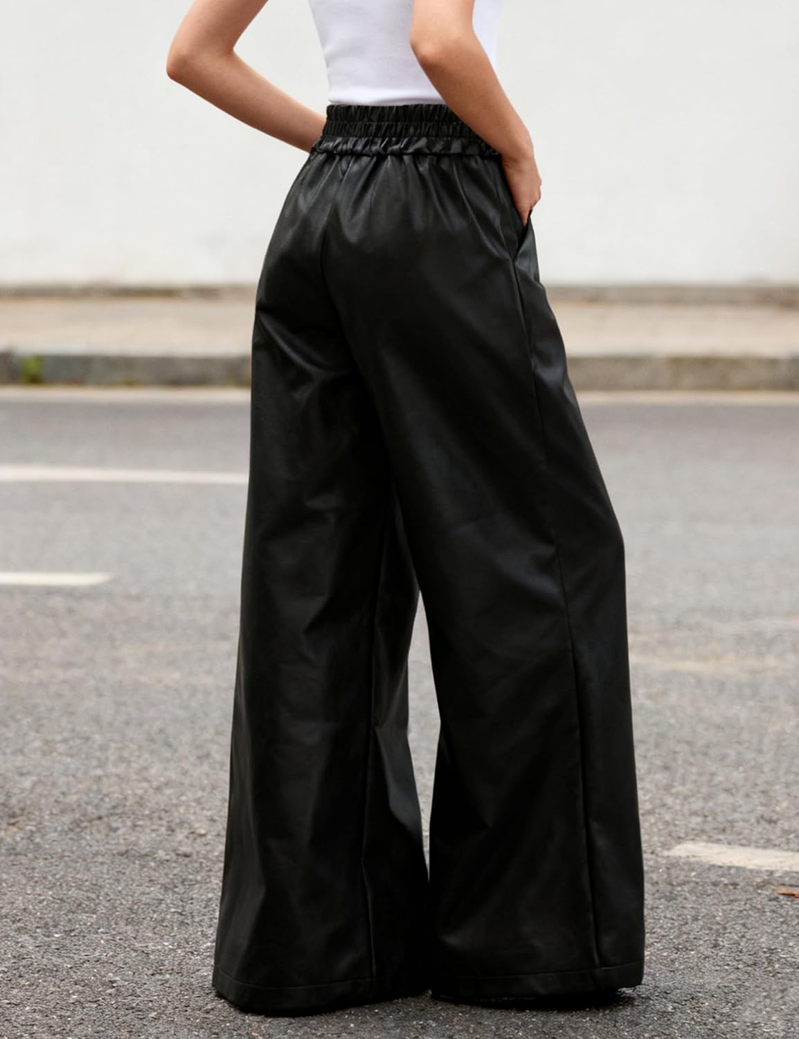 oshoplive Women's Faux Leather Pants PU High Waist Wide Leg Pants with Pockets Pleated Going Out Flare Trousers - Image 3