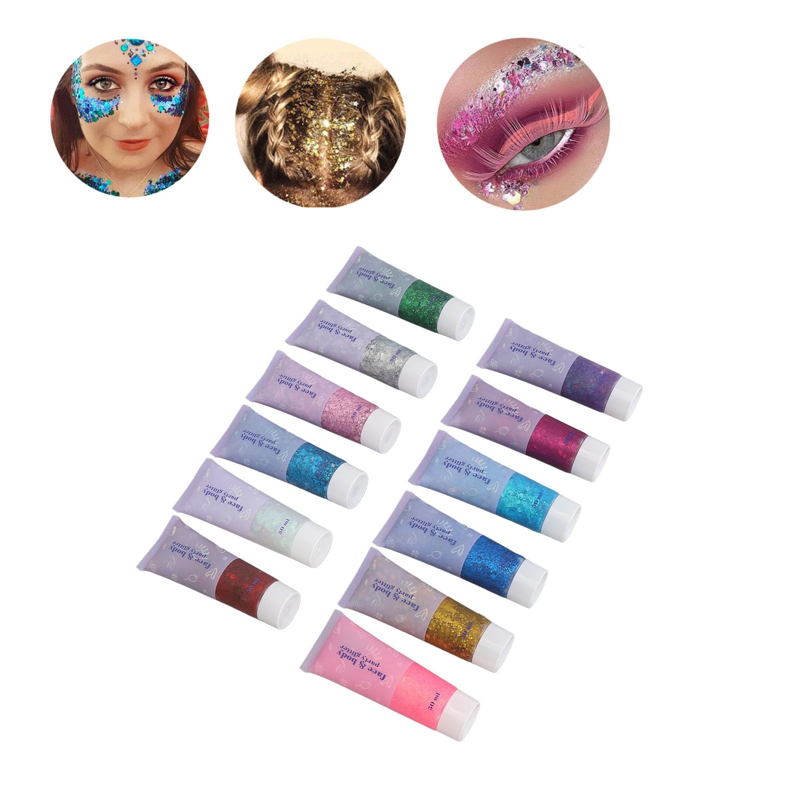 Gel Glitter Corpo 12 Colori Olografici 50ml Lavabili | Glitter Adesivi per il Viso, Nail Art per Capelli, Trucco Festival, Lavabili con Acqua e Sapone, Sicuri per la Pelle, 12