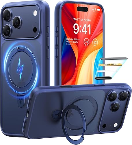 Vista 25 de TORRAS Funda Ostand ultra magnética para iPhone 15 Pro [compatible con MagSafe] [soporte resistente y soporte de anillo] grado mil, a prueba
