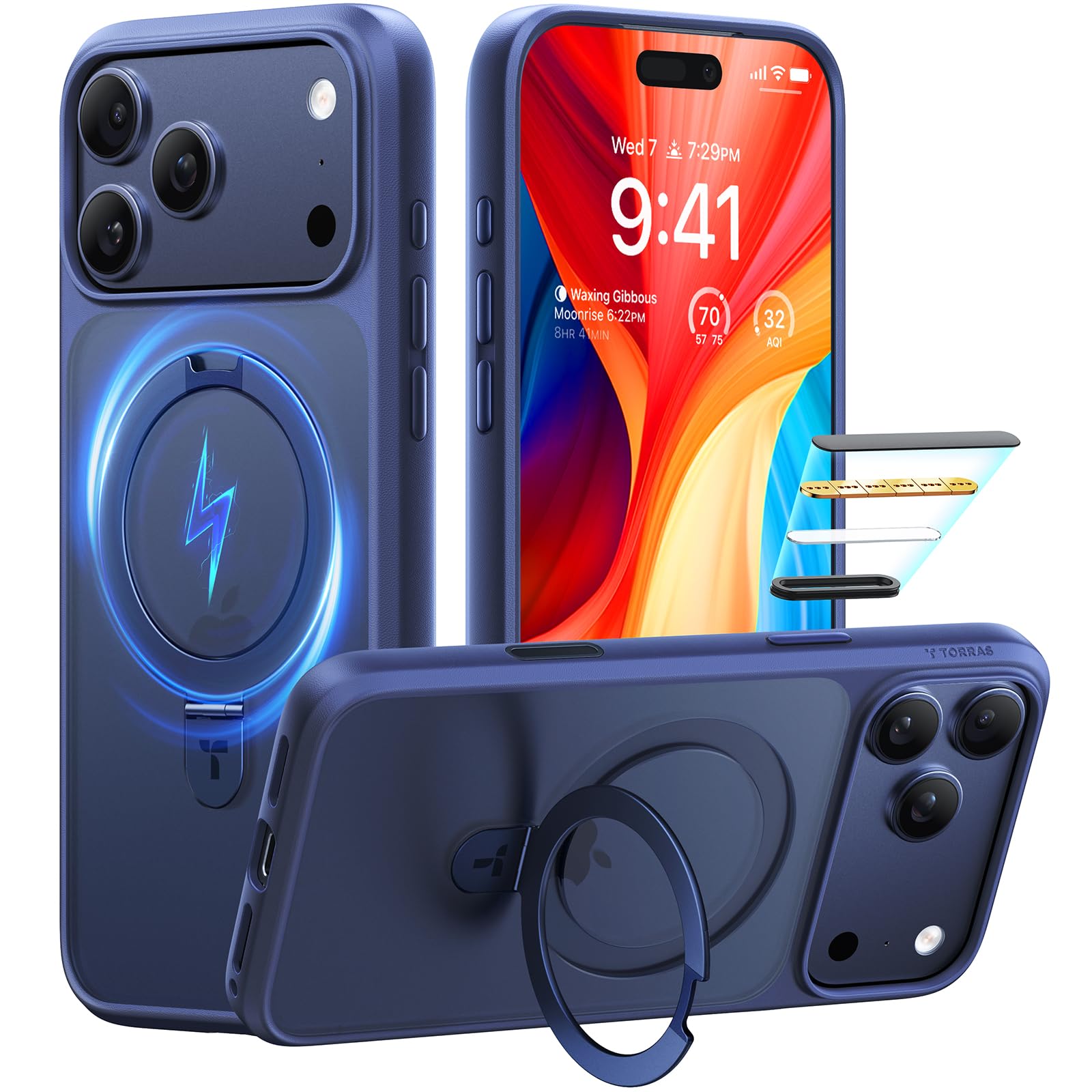 Photo 1 of TORRAS Ostand for iPhone 17 Pro Case Magnetic, Fit for MagSafe, 4X Military Drop Protection, Camera Control, Slim Phone Case for iPhone 17 Pro with Kickstand, Translucent Matte Cover 6.3", Deep Blue