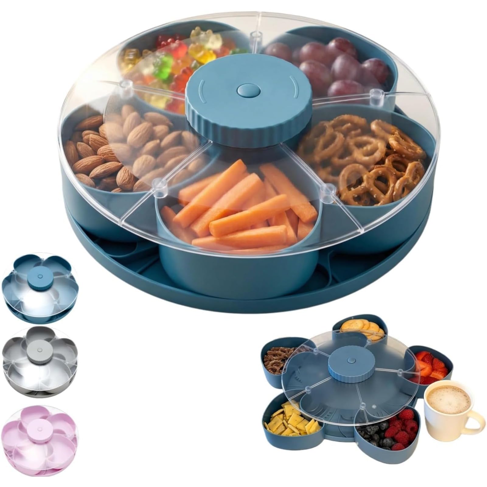 Rotating Divided Snack Tray with Lid 6 Compartment Serving Platter for Nuts Fruit Candy and Dried Snacks for Home Party Picnic Table (Blue,24.7 * 8.9cm)