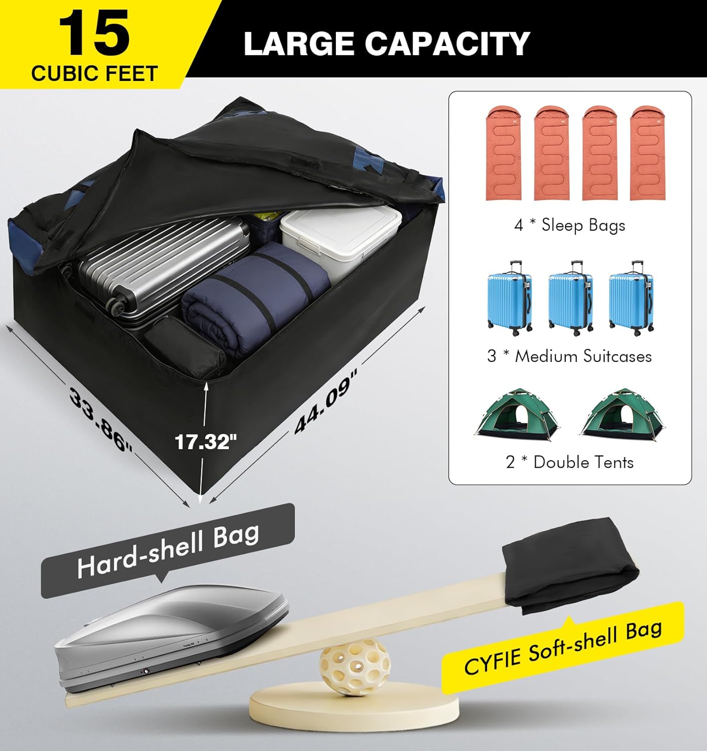 Cyfie Car Rooftop Cargo Carrier Bag, 15 Cubic Feet Waterproof Heavy Duty 420D Oxford Cloth Car Roof Luggage Cargo Storage Bag for All Vehicles with/Without Rack (Black and Blue)