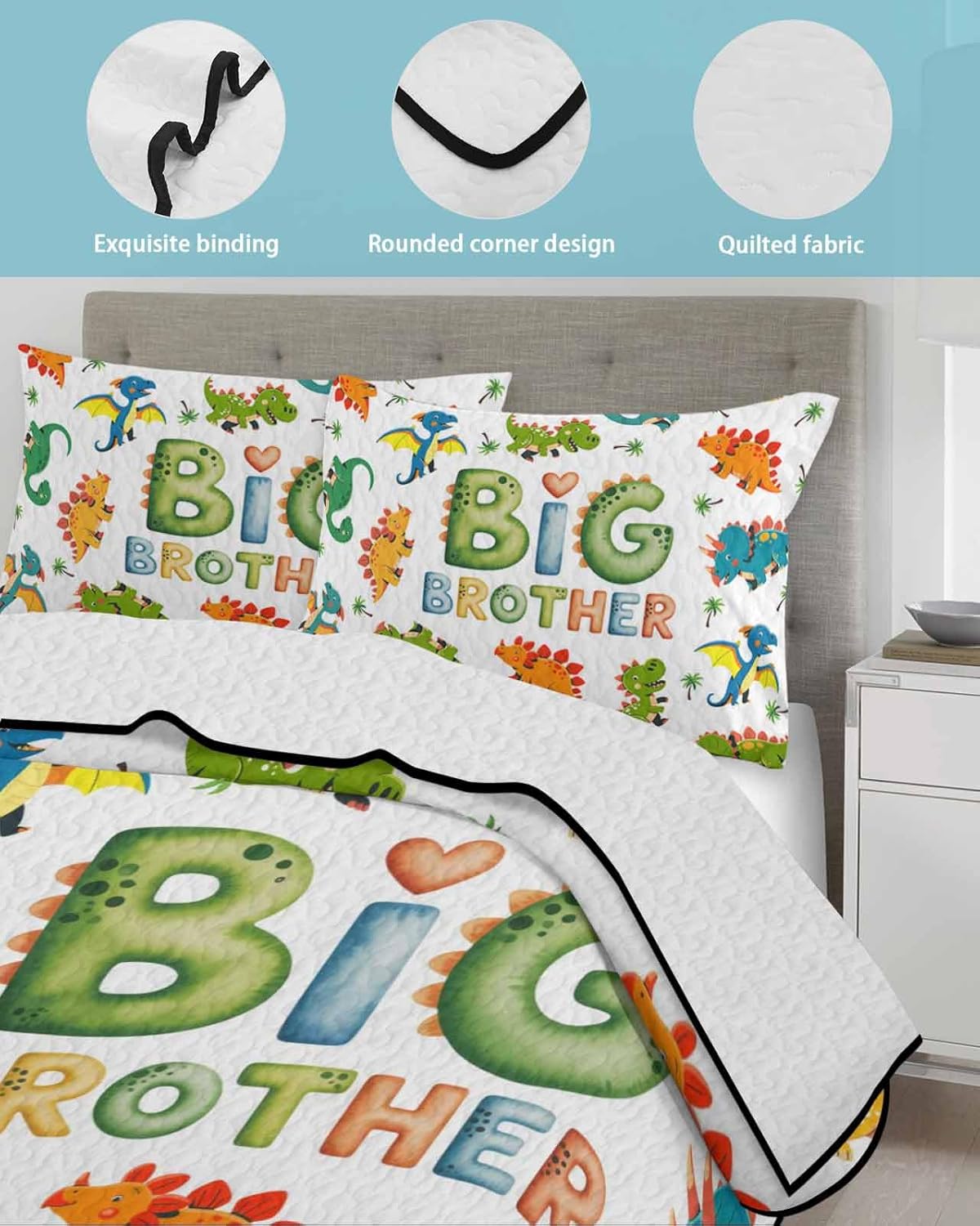 Twin Quilt Bedding Set, Cartoon Dinosaurs Lightweight Summer Quilt 3 Pieces Bedding Sets, Funny Dino Cute Boys Girls Children Reversible Soft Bedspreads Coverlets with 2 Pillow Shams for All Season
