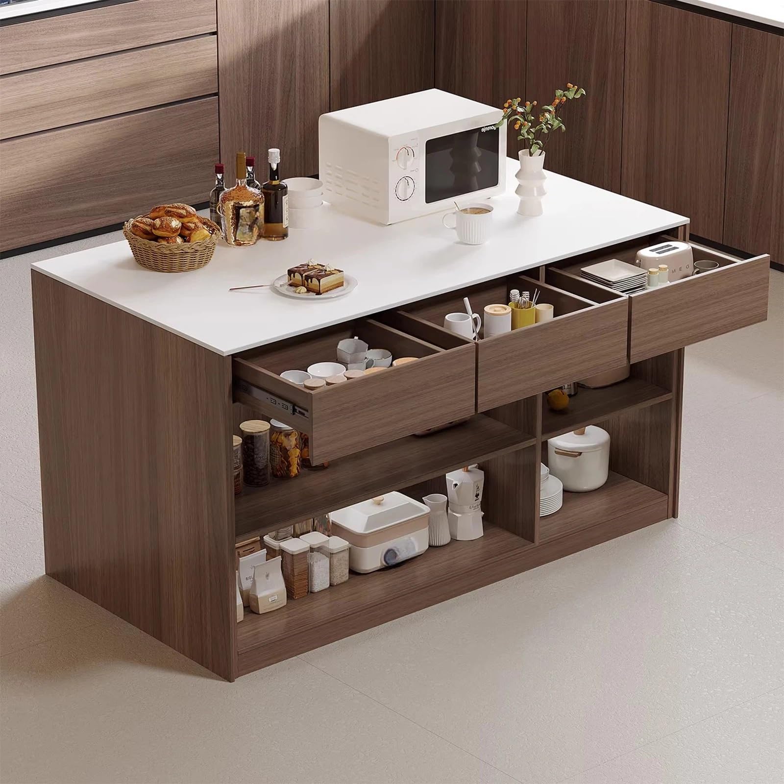 Zf9tBw5sH Unità cucina ad isola Isola cucina in legno con ripiani regolabili in pietra e maniglia nascosta