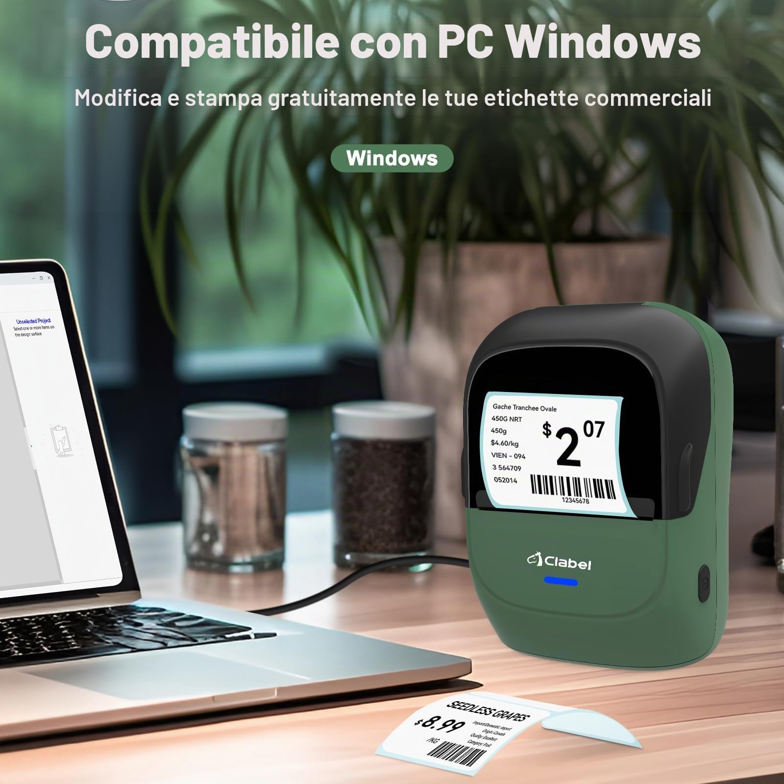 CLABEL Mini Portatile Stampante per Etichette: 221B Bluetooth Termica Etichettatrice Adesive Compatibile con iOS e Android Label Printer con 1 Rotolo di Etichette per Ufficio Casa Prezzo(Verde)