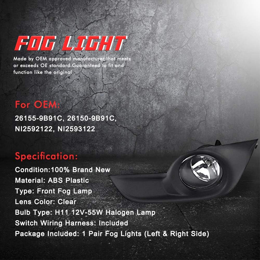 Driving Fog Lights Lamps Replacement for Nissan Altima 2013 2014 2015 with H11 12V 55W Halogen Bulbs & Chrome Black Bezel & Universal Switch and Wiring Kit (Clear Lens)