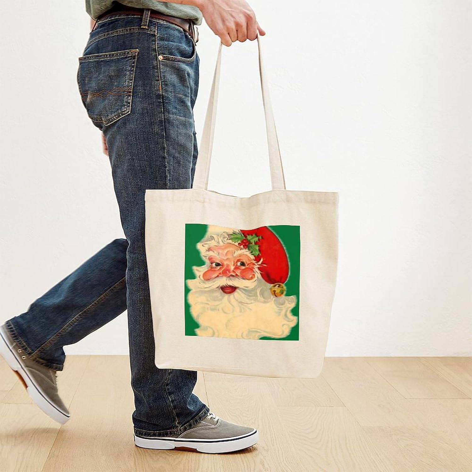 CafePress Cp Duvet Retro Santa 2 Tote Bag Reusable Natural Beige Canvas Shopping Bag