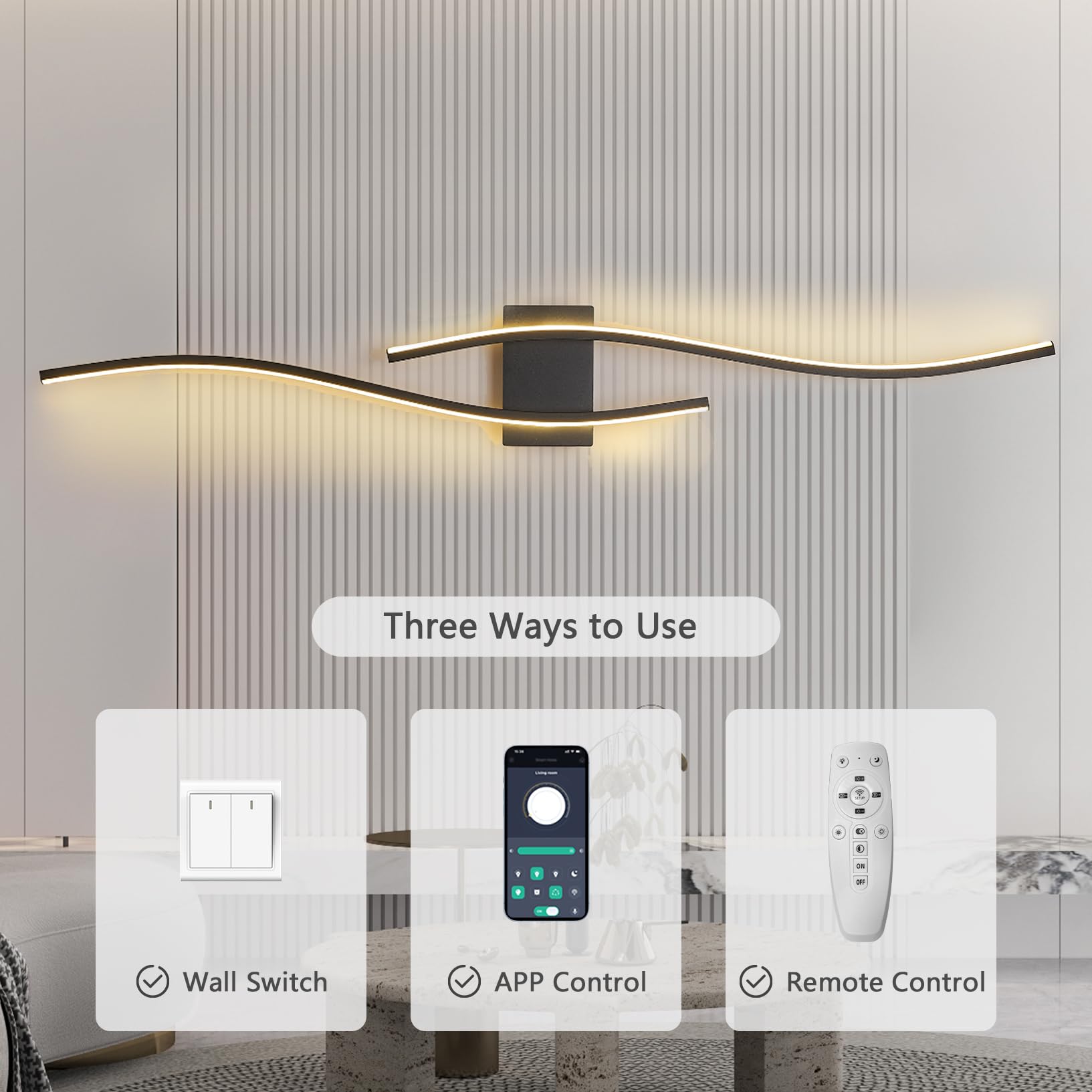 SUCIKORIO Long LED Wall Light Indoor 100cm, 40W Modern LED Wall Lamp 3000K- 6500K Dimmable 5%-100% Black 220V Corridor Lamp Wall With Remote Control and APP With Spotlight for Bedroom, Living Room