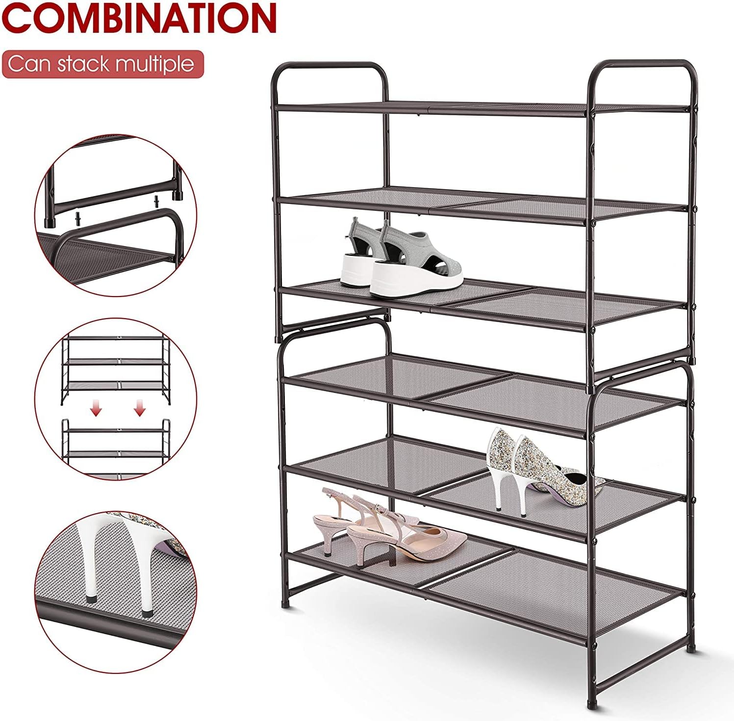 Simple Trending 3-Tier Stackable Shoe Rack, Expandable & Adjustable Shoe Shelf Storage Organizer, Metal Mesh, Bronze