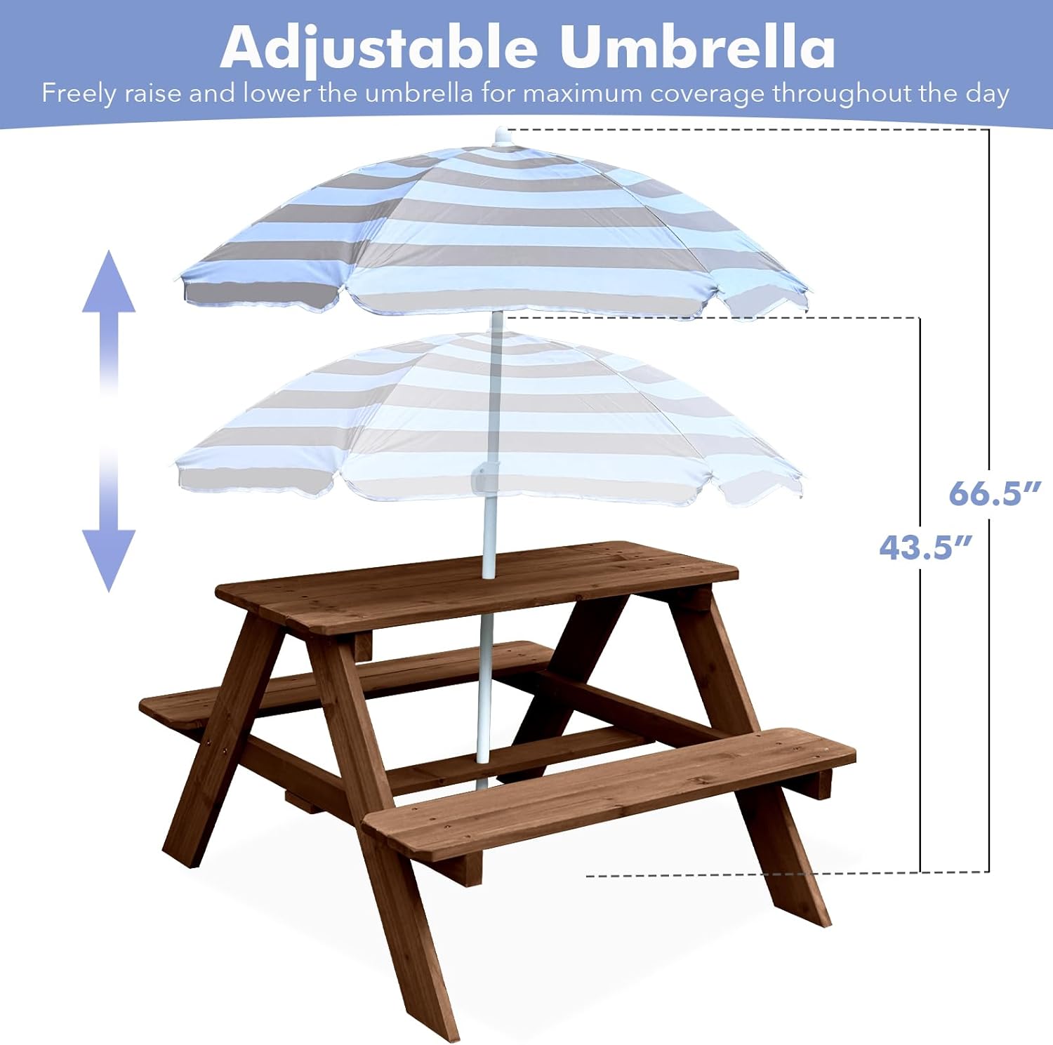 Kids Activity Table, Wood Outdoor Convertible Picnic Table, Dining Table Adjustable Collapsible Umbrella, Picnic for Outdoor (Brown/Brown)