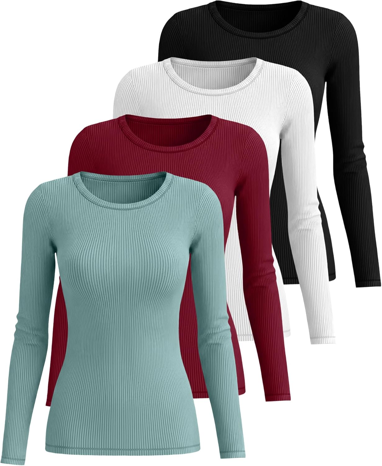 Neer 4 Pack Women's Ribbed Long Sleeve Shirts, Cotton Crew Neck Slim Fit Tops Stretch Knit Casual Base Layer Basic Tee Shirts - Image 4