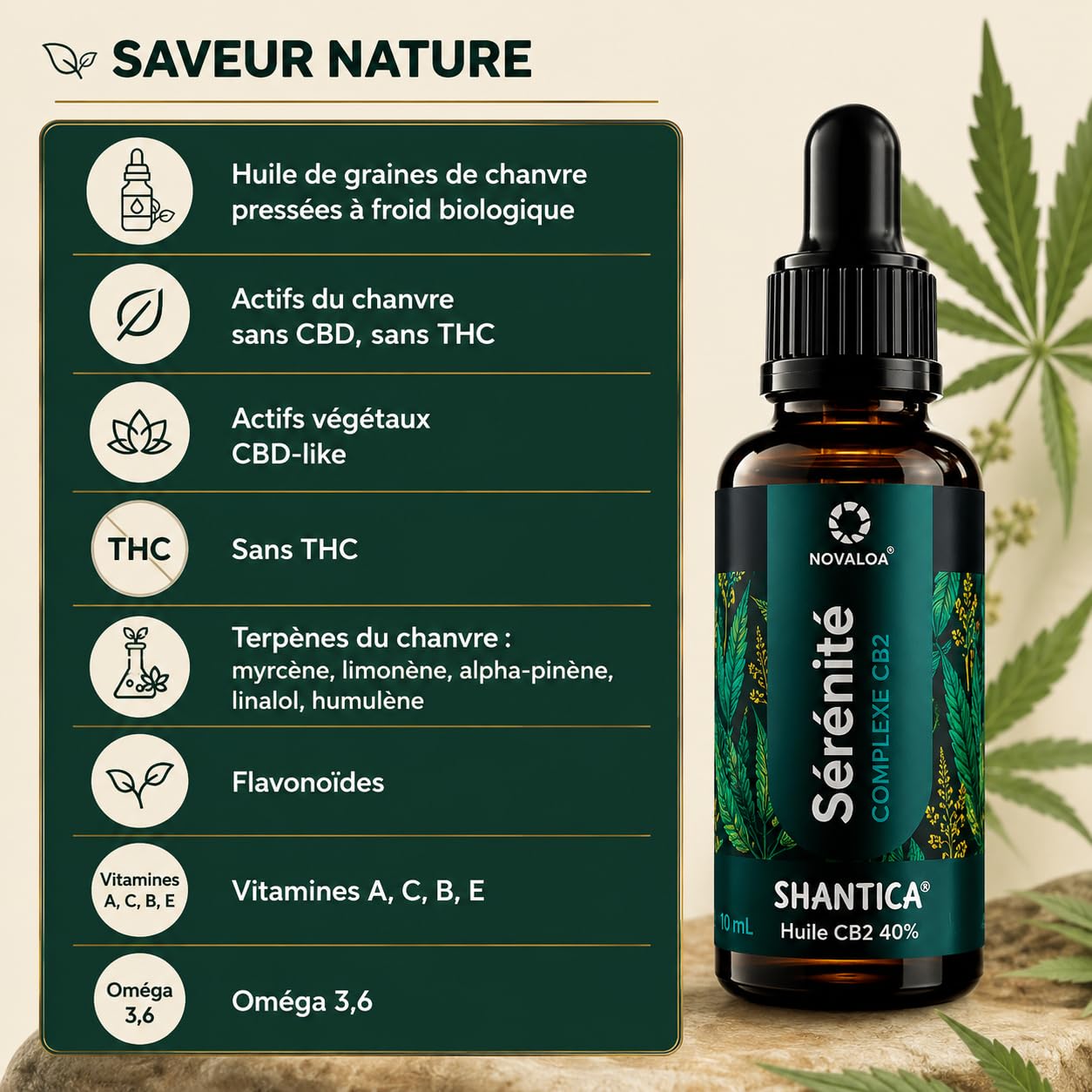 Laboratoire – Huile Sérénité Complexe CB2® 40% – Sans CBD Sans THC – 10 ml – Saveur Nature