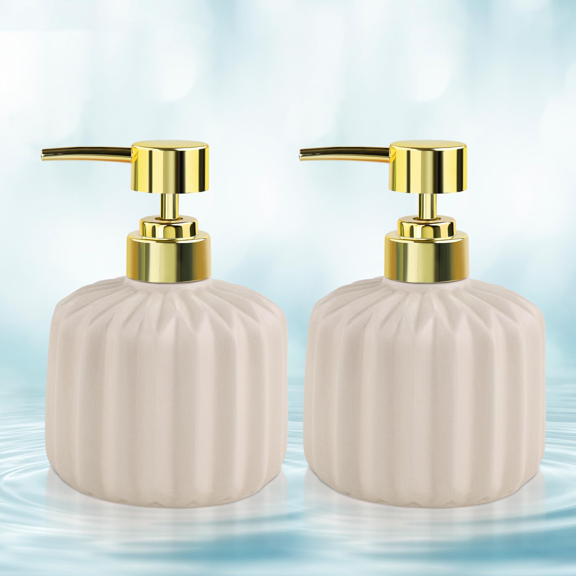 Ceramic Soap Dispenser for Wash Basin - Handwash Dispenser Bottle - Leak-Proof Design with Silver Glossy BPA-Free Pump, Rivo, Beige, Pack of 2,SoapDispenser_RivoCombo_BeigeBeige-image-33