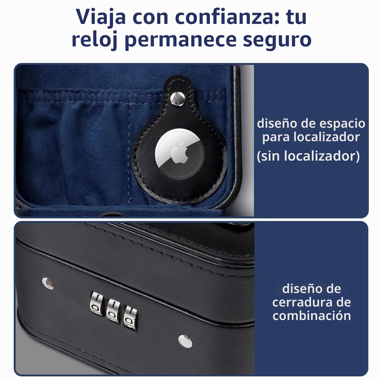 KAMIER Caja de relojes de viaje 2 huecos con cerradura código,Negro | Estuche de cuero PU para guardar relojes, anillos,caja organizadora de relojes adecuada para hombre y mujer