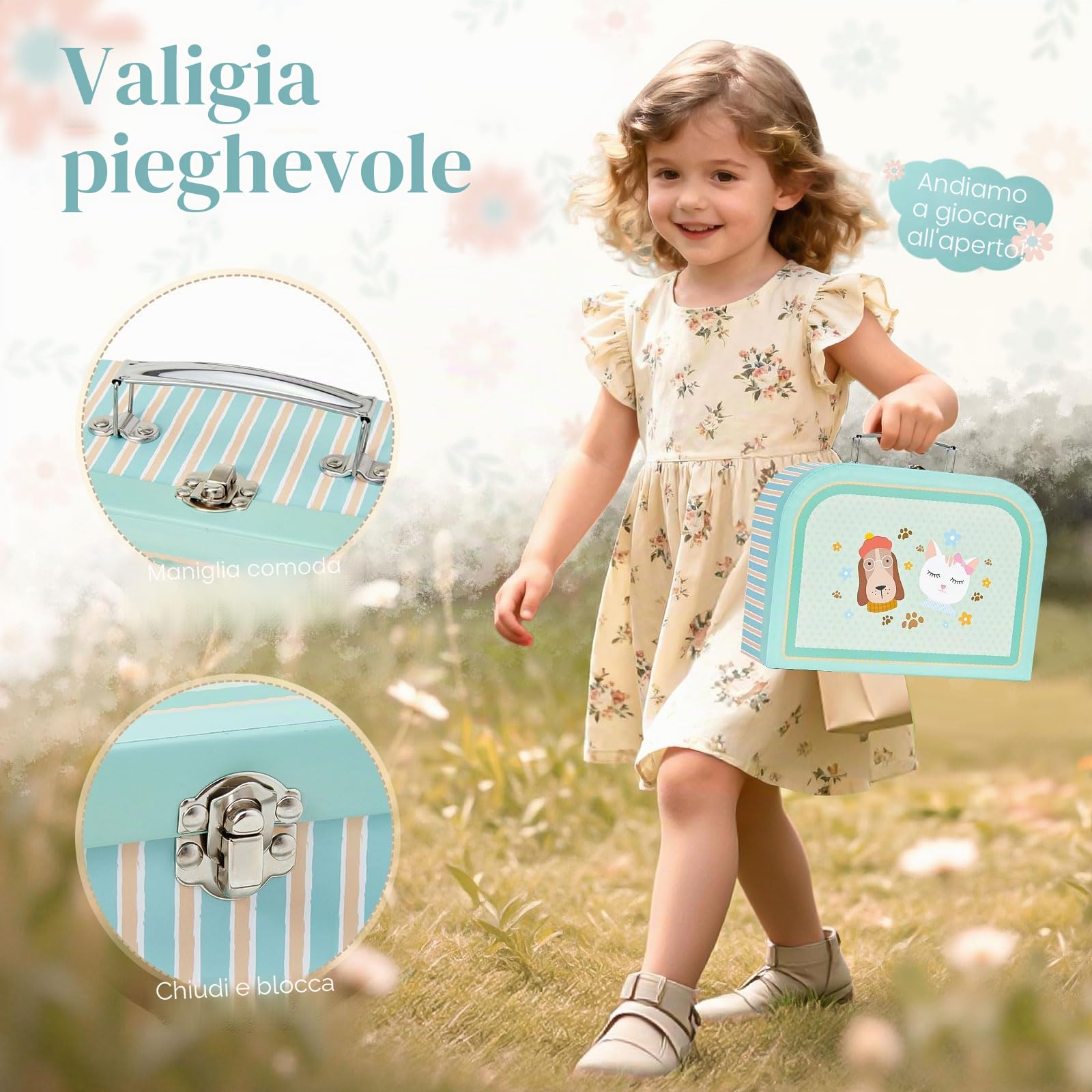 Casa delle Bambole Valigetta Portatile con Accessori, Mini Casa Fai-da-te con Gatto e Cane in Peluche, Mobili in Legno, Gioco di Ruolo, Regalo di Compleanno/Natale per Bambini e Bambine dai 3 Anni