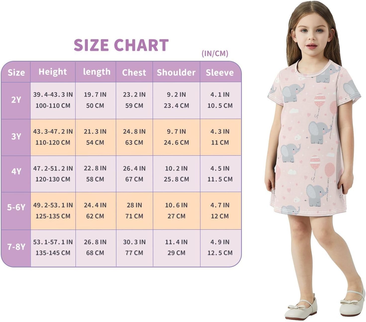 Elephant Girl Dresses Summer Dresses for Girls with Cotton Short Sleeves for Casual Aline Dress Size2-8Y