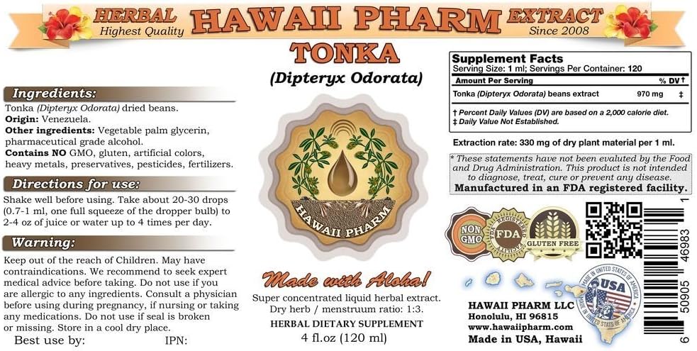 Tonka Liquid Extract, Tonka (Dipteryx odorata) Tincture, Herbal Supplement, Hawaii Pharm, Made in USA, 2x2 fl.oz