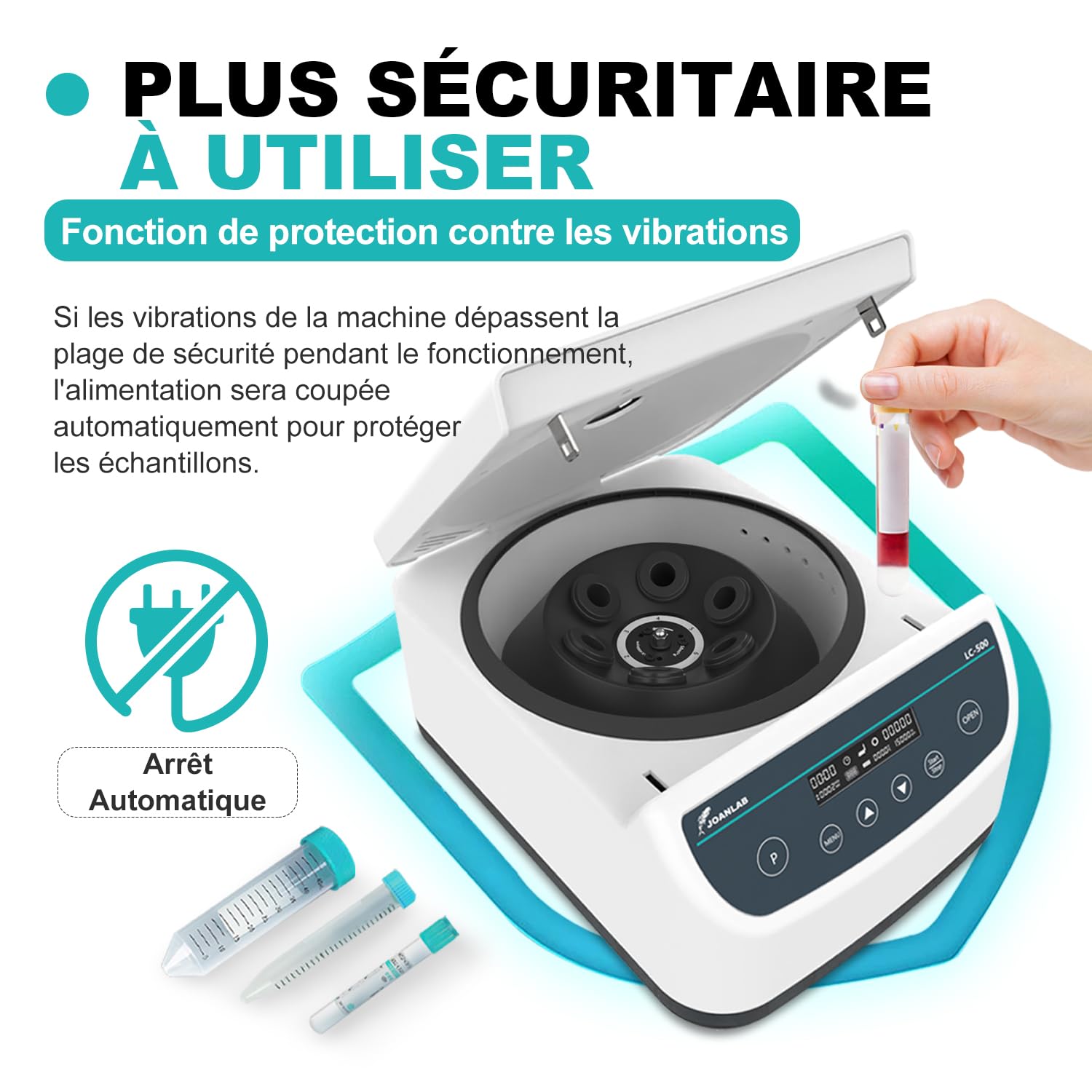 JOANLAB LC500-6 Centrifugeuse de Laboratoire, 500-4000RPM, 2146xg | 9 programmes, écran digital, tubes 2/5/10/15/50ml, arrêt déséquilibre, verrou couvercle, séparation plasma PRP