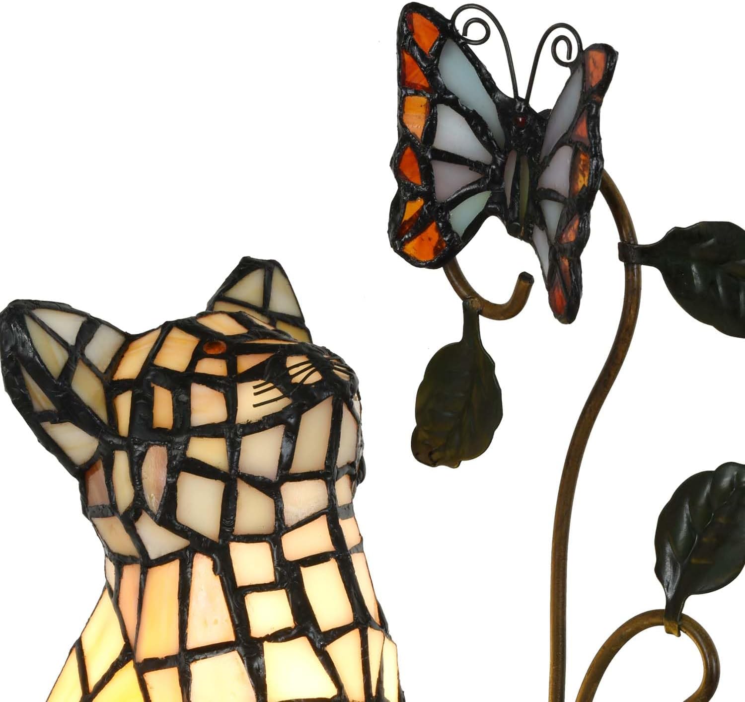 Bieye L10891 Tiffany-Style Stained Glass Cat Accent Table Lamp - Adorable Orange Cat Watching a Butterfly - 10-Inch Tall