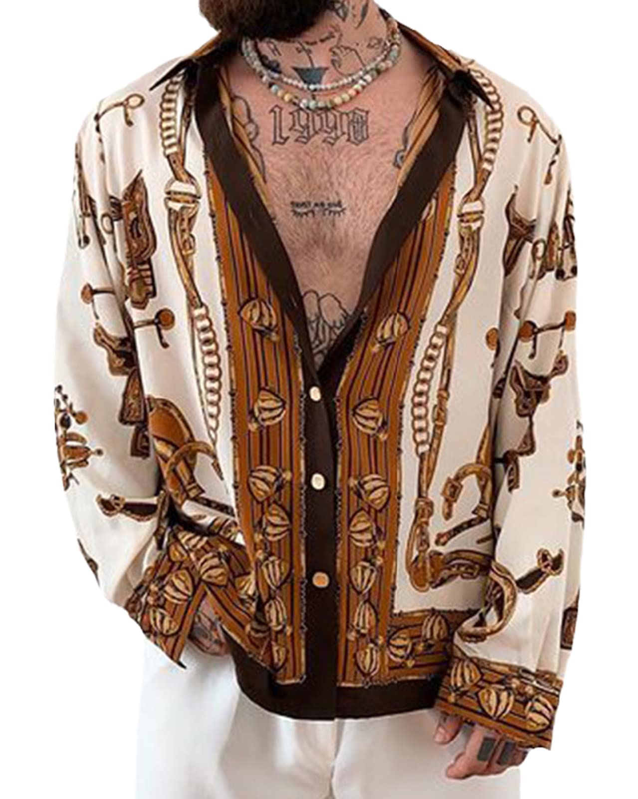 HanzhuoLGMen's Creative Retro Print Shirt Spring Autumn Trendy Print Loose Long Sleeve Shirts Color1 S