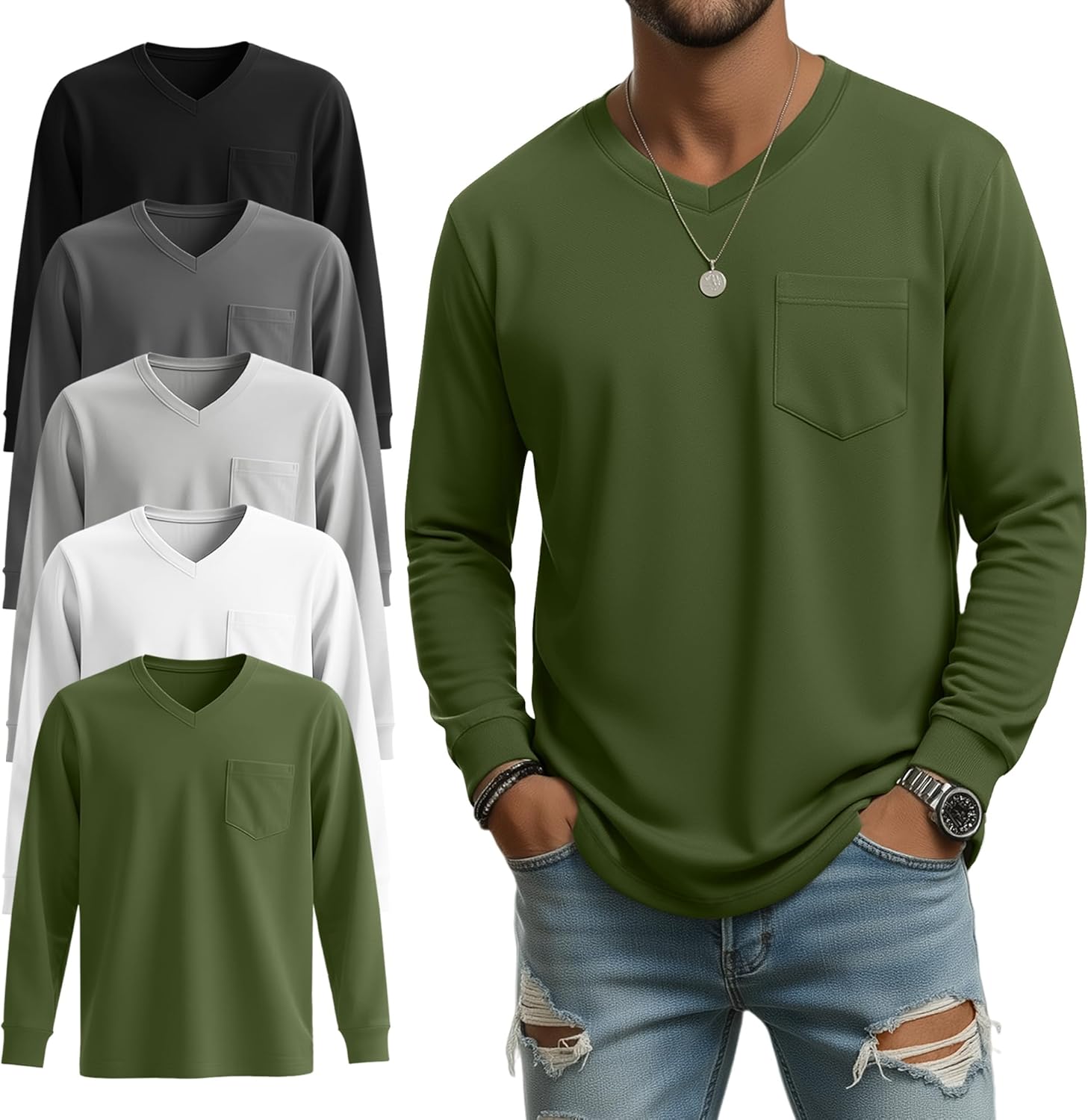 5 Pack Men's Big and Tall Shirts Long Sleeve V Neck Tee Casual Oversized Tops Loose Basic T Shirts with Pocket