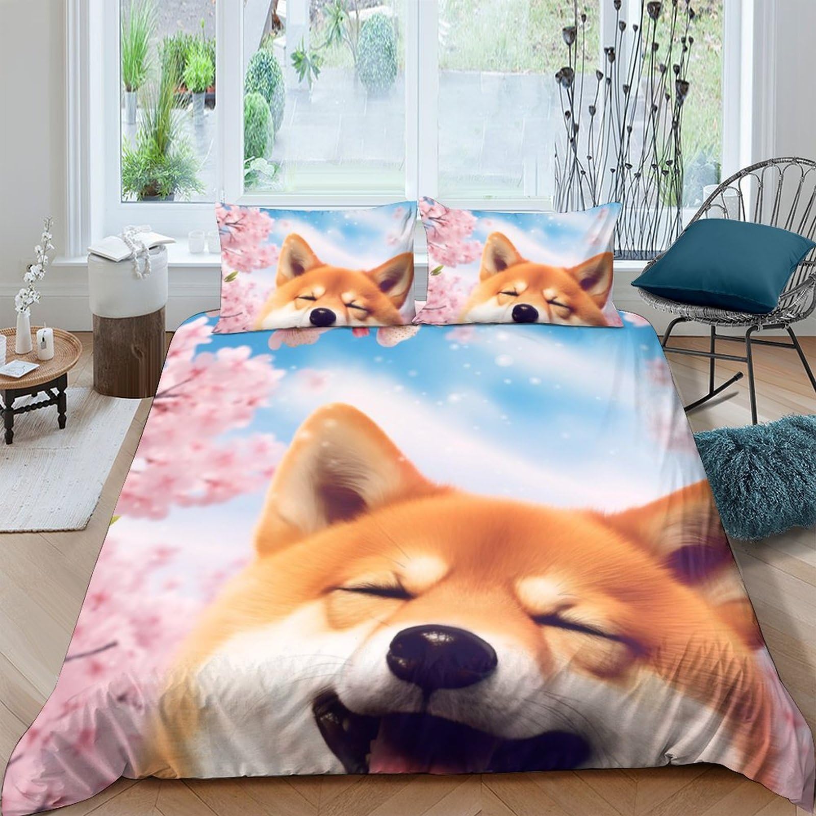 Ctjqhvkz Style-1 3D Printed Shiba Inu Smile Fitted Sheet Microfiber Pink Sakura Bed Cover Bedroom Decor Mattress Protection Single（135X200cm）
