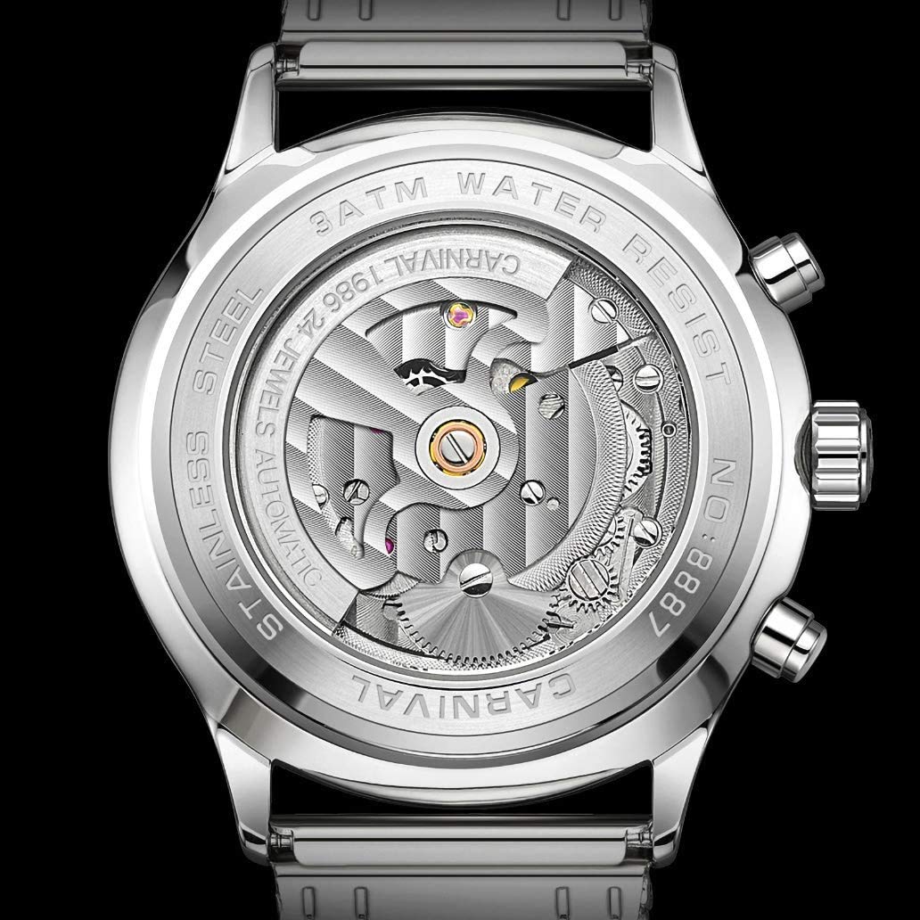 MASTOP Swiss Brands - Orologio meccanico automatico da uomo, con cinturino in acciaio inossidabile, orologio da polso classico con calendario, datario, impermeabile, scavato