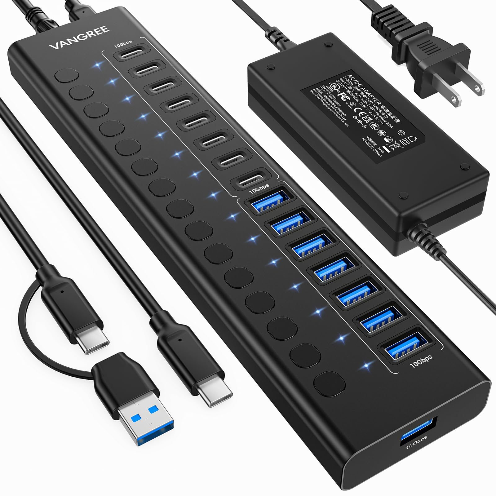 Hub USB 3.2 Gen 2, hub USB VANGREE a 16 porte (8 USB-A 3.2+8 USB-C 3.2), hub di espansione multiporta in alluminio da 10 Gbps con adattatore di alimentazione da 96 W per PC portatile HDD SSD Flash