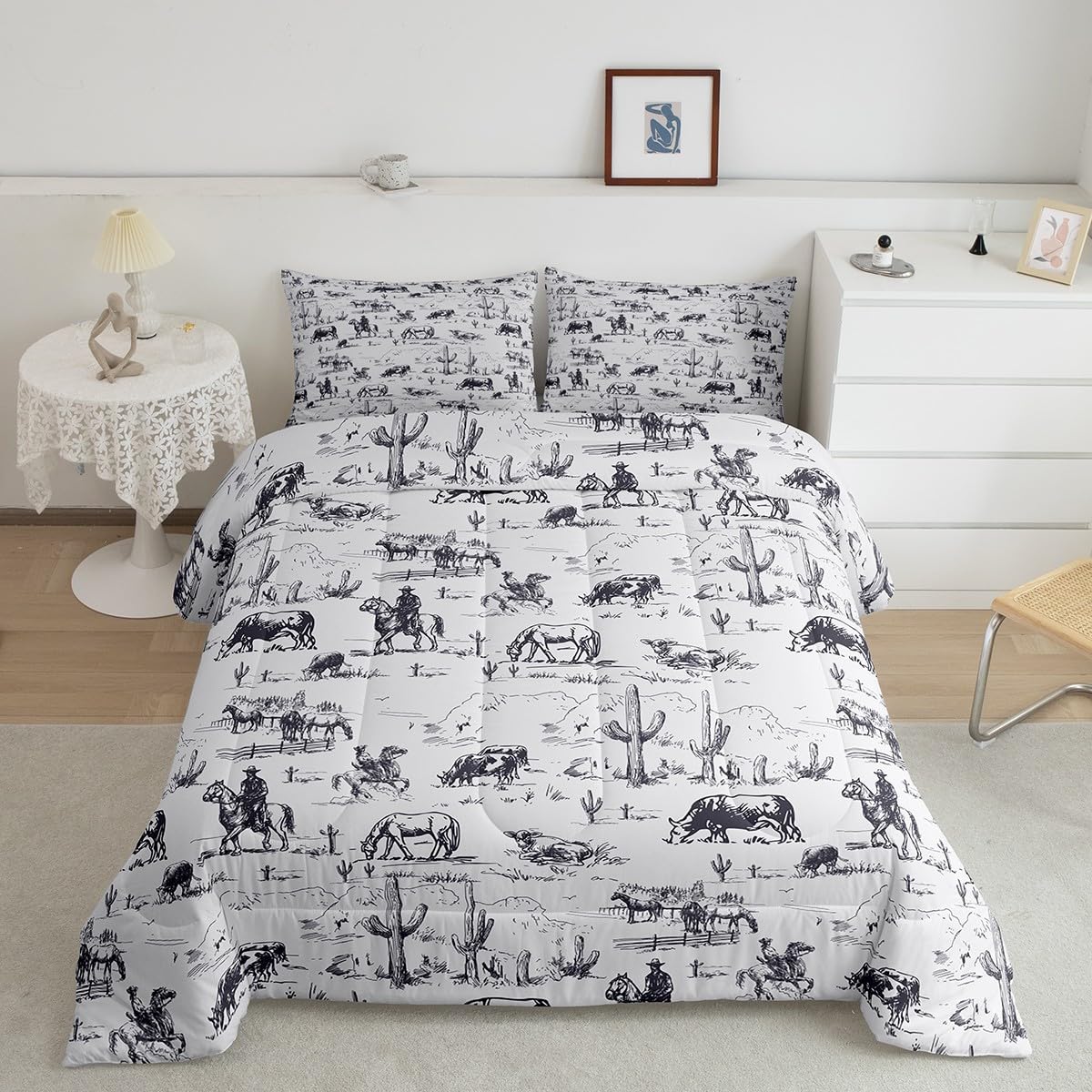 Feelyou Western Comforter Set King Size, White and Black Cowboy Cow Bedding Set Cowboy Comforter Desert Cactus Duvet Set Soft Bed Set 3PcsOEKO-TEX STANDARD 100