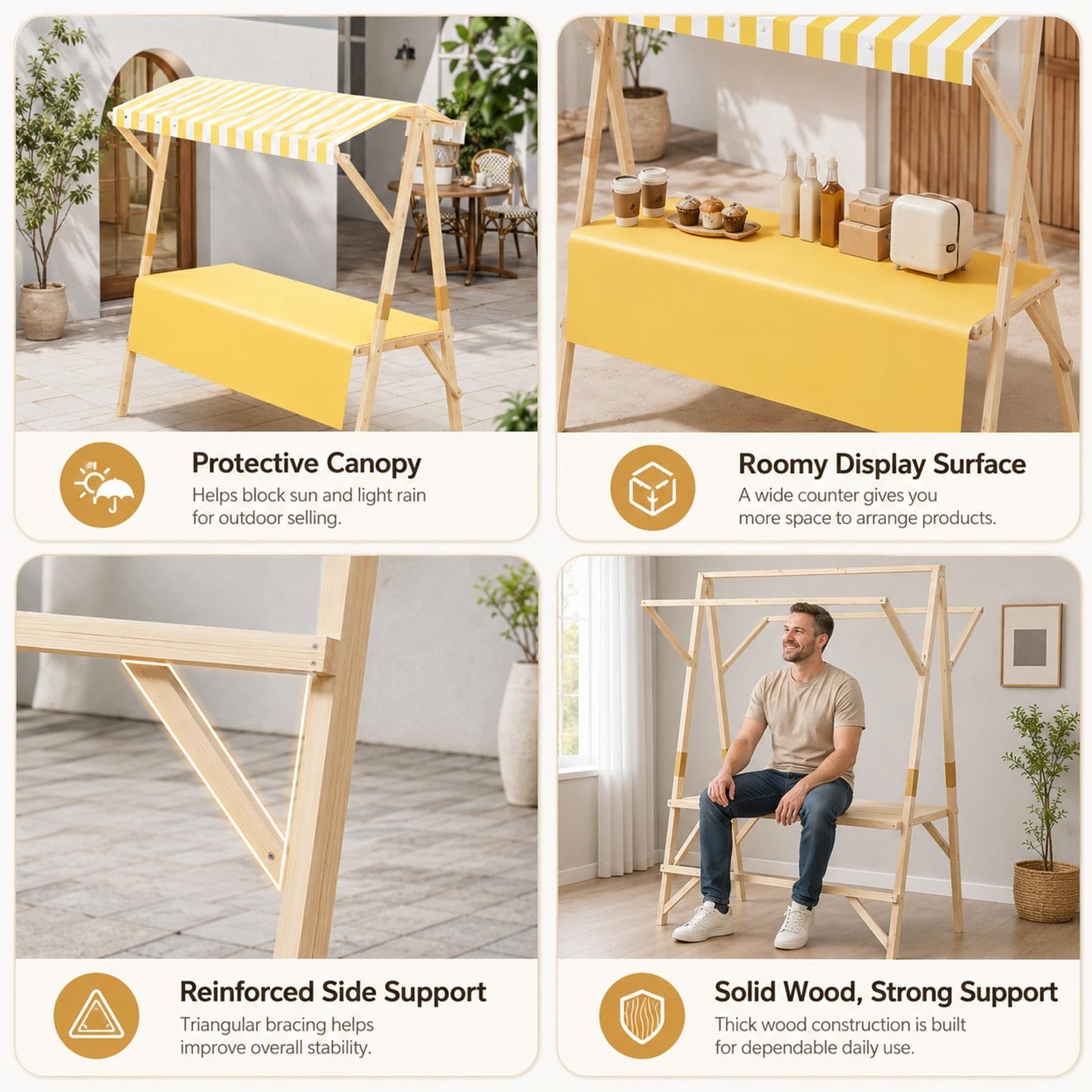 Carrito De Venta Portátil con Toldo, Carritos De Comida Móviles con Ruedas con Bloqueo, Puesto Ambulante Plegable, Kiosco Snack Madera, Stand Exhibición para Bazar Y Catering(White,L 120cm/47.2in)