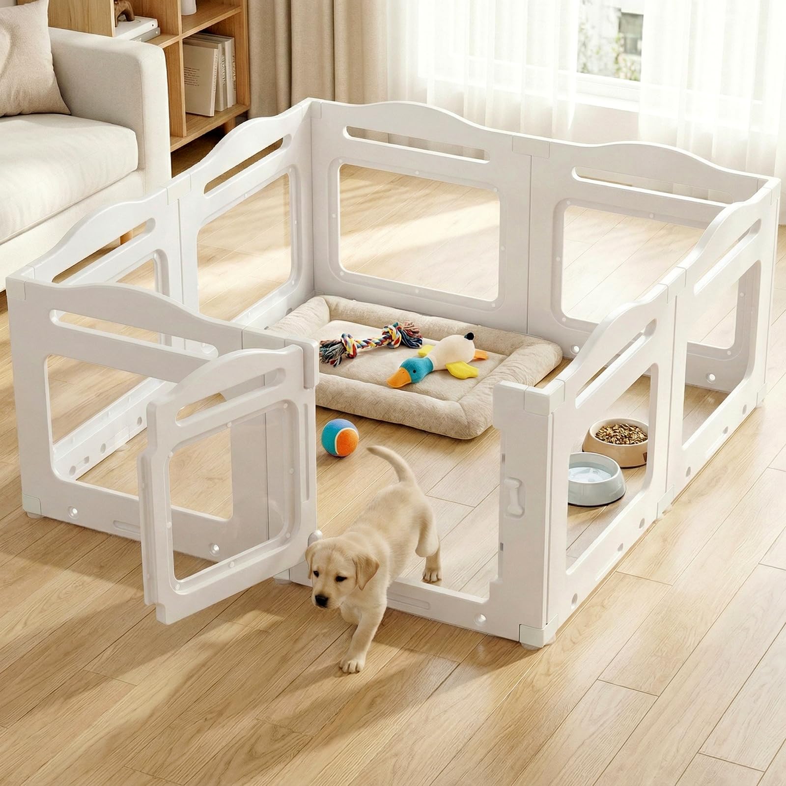 MAMIZO Recinto per Cani Acrilico 129 × 129 × 60 cm, Box per Cuccioli | Box per il Parto Cani con Porta a Chiusura e Ventose, 8 PCS Pannelli Parco per Cani adatto Appartamento, Bianco
