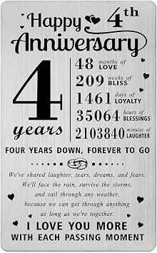 4 Year Anniversary Card - 4th Wedding Anniversary Wallet Card for Wife or Husband - Romantic 4 Years Marriage Milestone Gifts