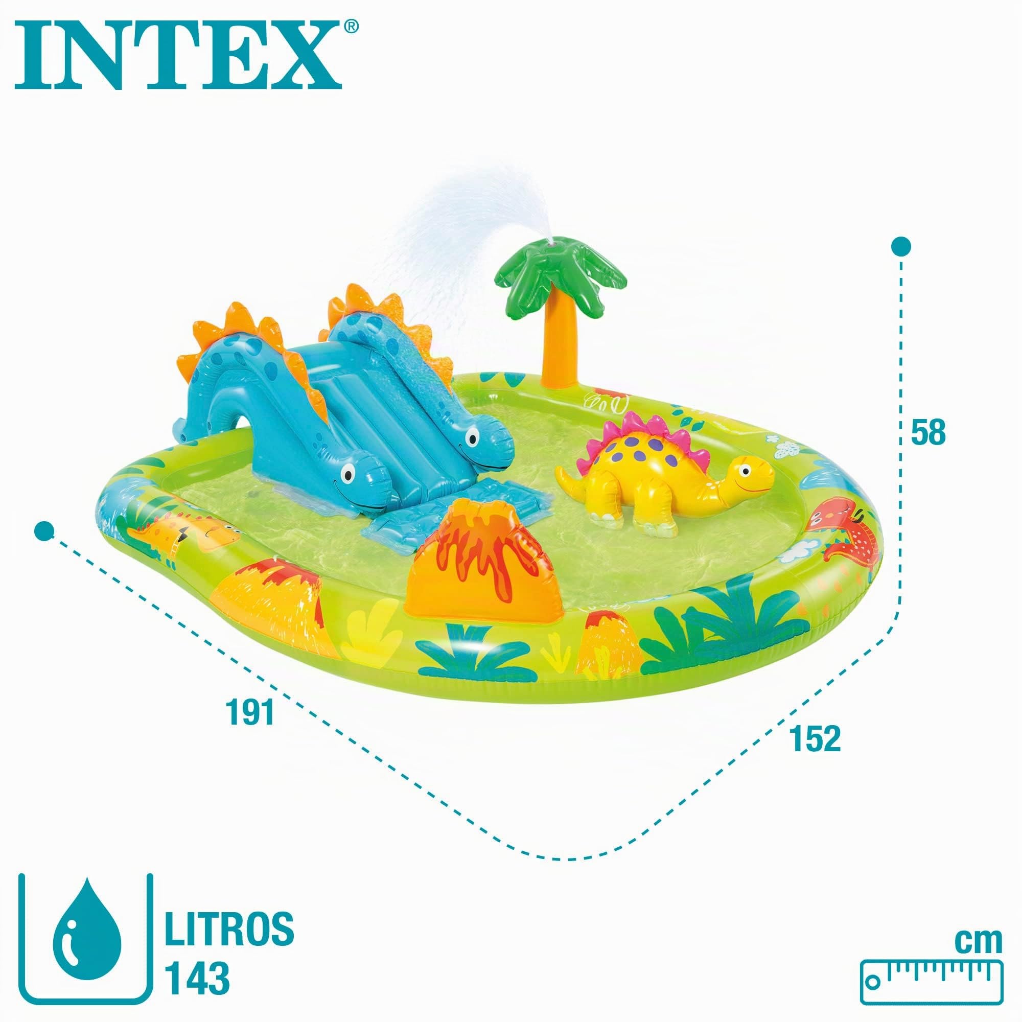 INTEX 57166 - Piscina infantil hinchable con dispersor de agua y tobogán dinosaurio, centro de juegos para niños