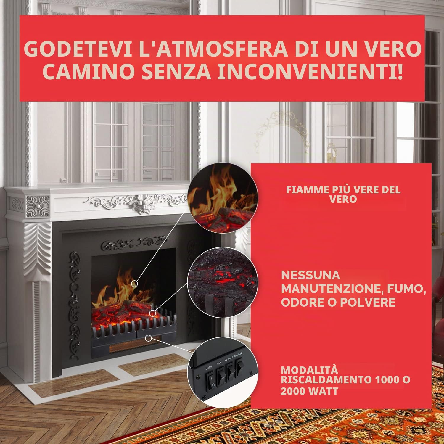 CHEMIN'ARTE Camino elettrico con Effetto Fiamma XL - LED - Legno Sintetico - 67 x 23 x 24 cm - Fuoco Elettrico - Riscalmento 2000W