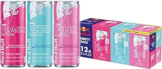 Energy Drink Variety Pack, Peach, Iced Vanilla Berry, Pink, with 80mg Caffeine, Taurine & B Vitamins, 8.4 fl. oz, Pack of 12 Cans