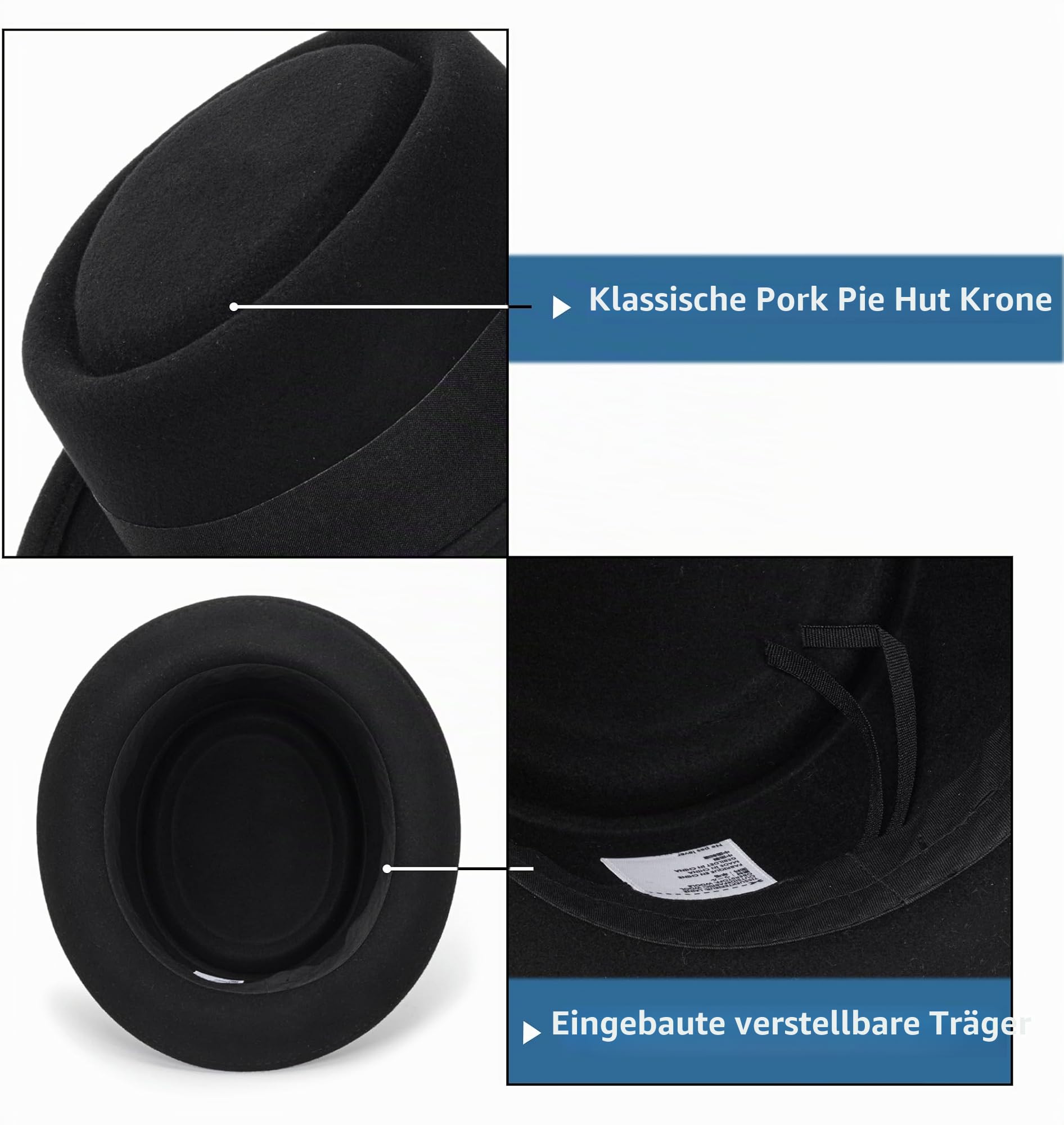 Pork Pie Hut für Herren und Damen, kurze Krempe, Fedora, Flachhut, Wollfilz, Bootsfahrer, Panamahut, Größe: S-M
