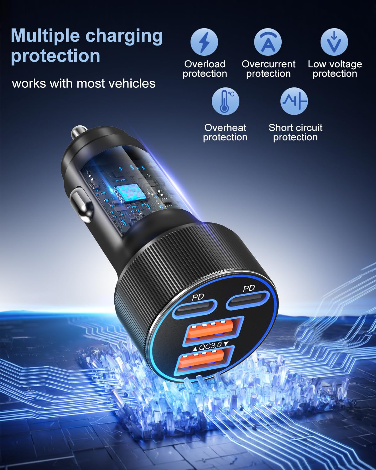 Cargador de coche de 90 W con cable USB C a C de 6 pies, 1 juego (cargador negro + cable negro)