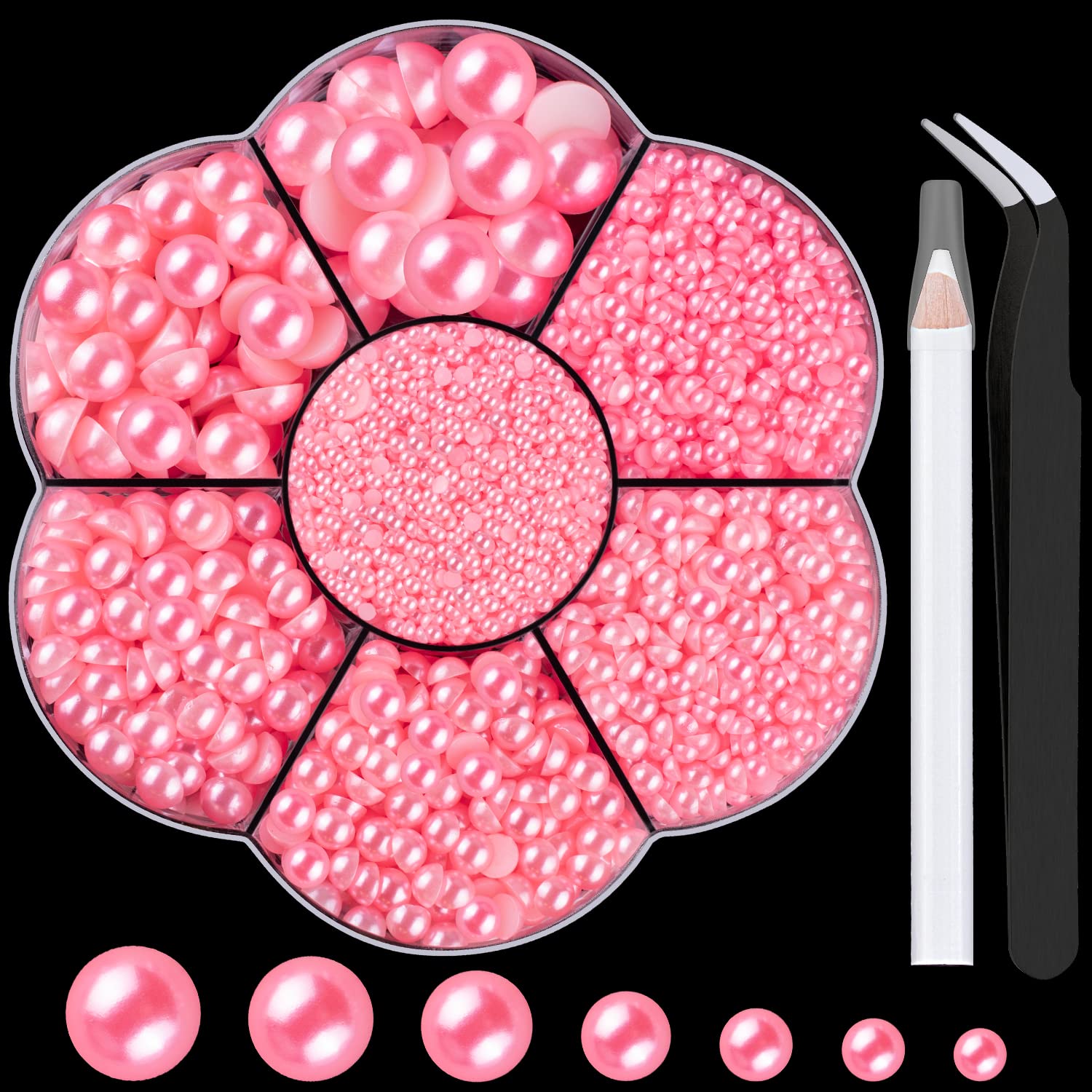 Nail Art Flat Back Half Round Pearl Kits 12, 1 Box of 6000 Pcs Flat-Back Pink Pearl with Tweezer and Picker Pencil for Home DIY Nails Body Face Craft