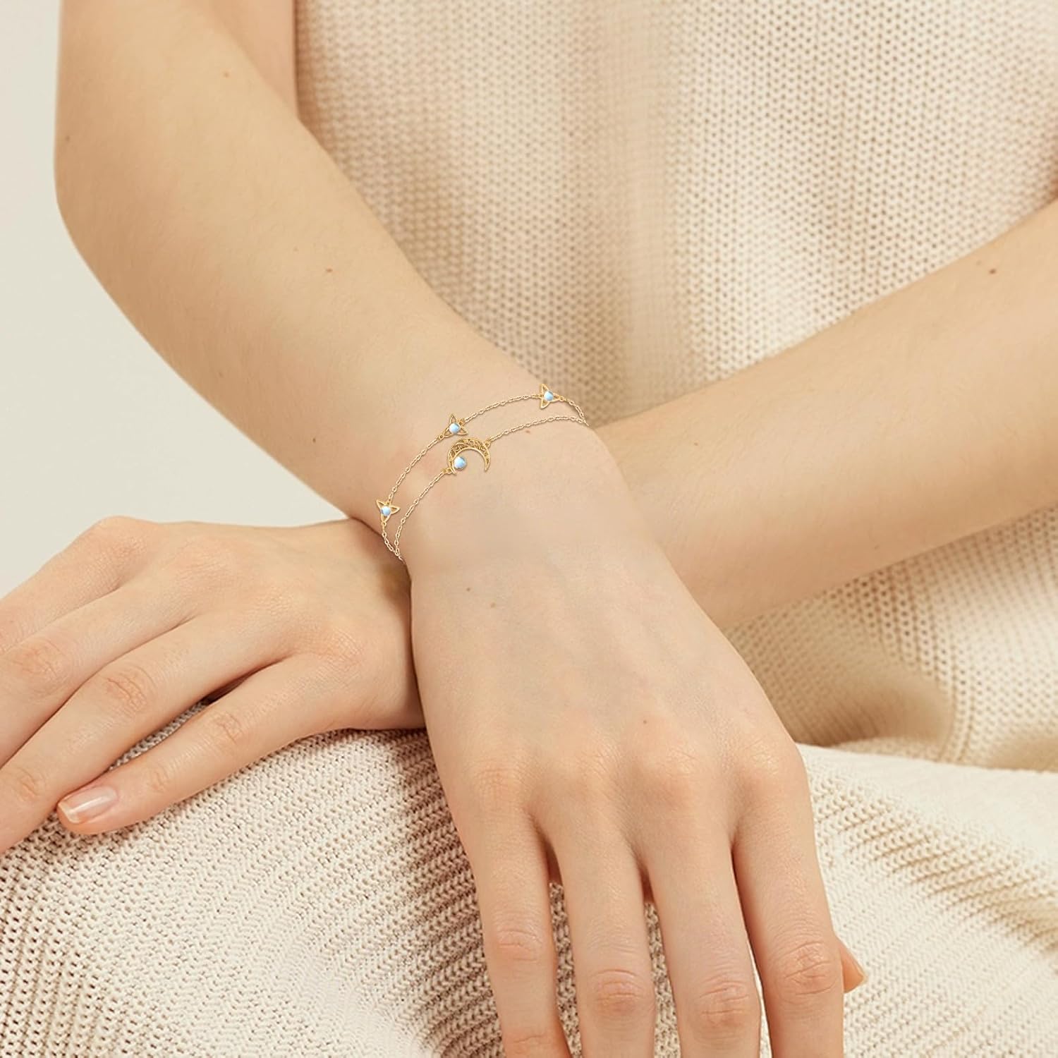 Moon Layered Bracelet 925 Sterling Silver Celtic Moon Moonstone Anklet Irish Celtic Knot Jewelry Gifts for Women - Image 4