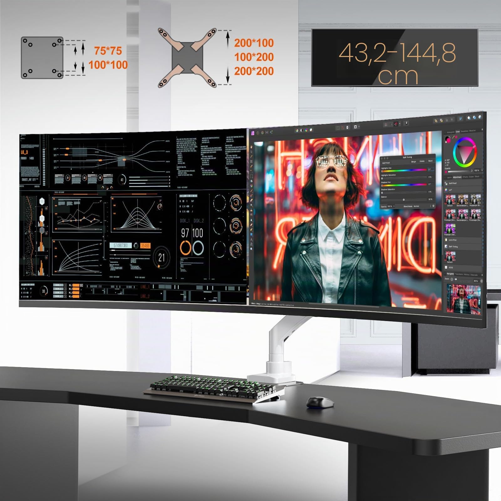 PUTORSEN Support de Bureau pour écran Plat et incurvé de 17" à 57", pour téléviseur et Moniteur jusqu'à 27 kg, en Aluminium de qualité supérieure, avec Ressort à gaz, VESA Max jusqu'à 200x200