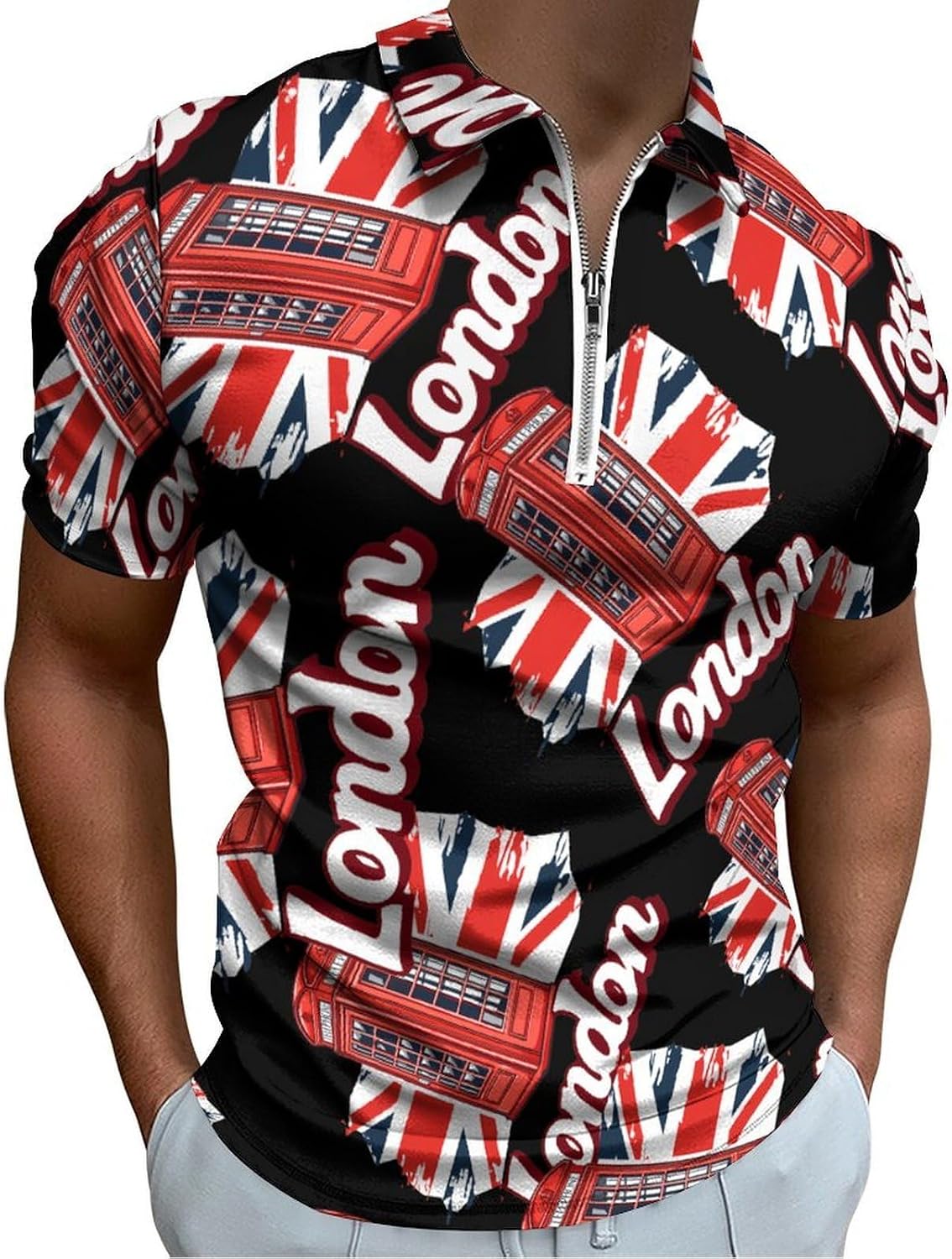 UK Phone Booth London Union Jack Men's Polo Shirts Golf Short Sleeve Tops | Casual Workout,Golf T-Shirt,Zippered Tee,Collared,Print