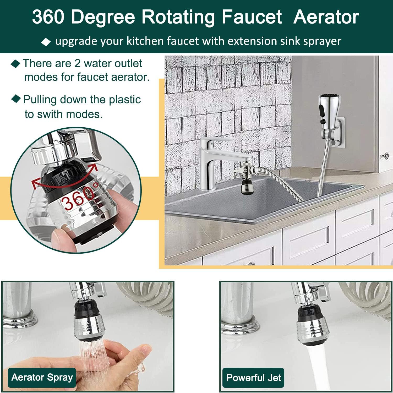 Kitchen Faucet Sink Sprayer Attachment Set,3 Modes Sink Sprayer Replacement Head with Stainless Steel Hose,Faucet Aerator and Brass Diverter Valve (5 pcs Adapter) for Washing Fruit,Dishes and Hair1