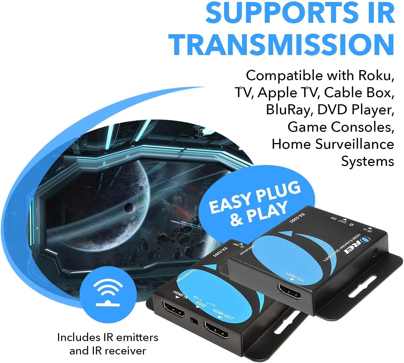 Diagram showing IR transmission support for OREI EX-230C, compatible with various devices like Roku, Apple TV, BluRay, and game consoles.