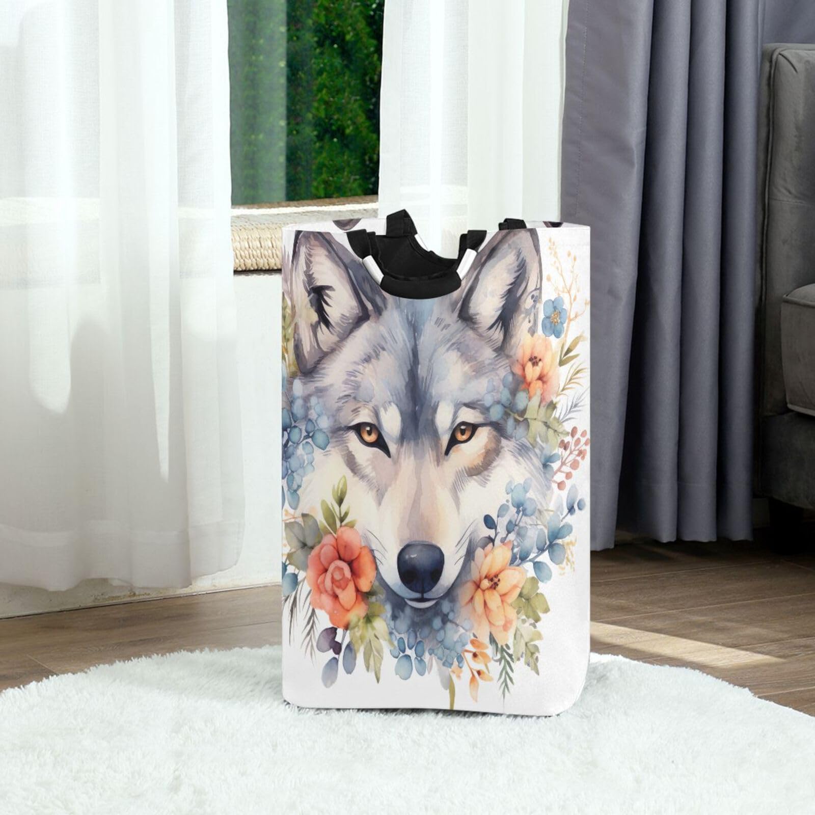 Jihqo Laundry Hamper Basket Wolf Flowers Collapsible Nursery Storage Bin Waterproof Clothing Baskets for Home Bedroom Bathroom Washing Room