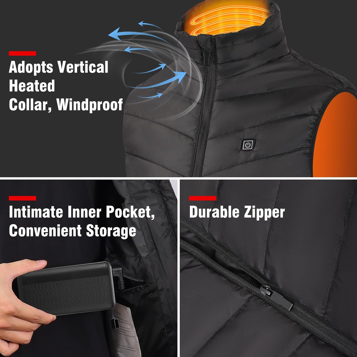 Heated Vest: Premium Heated Vest for Men with 9-Zone Heating, 3 Adjustable Heating Modes 10000mAh Battery for Outdoor - Image 4